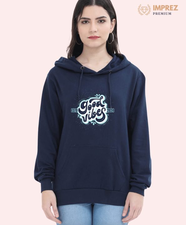 Good Vibes Women Navy Blue Hoodie