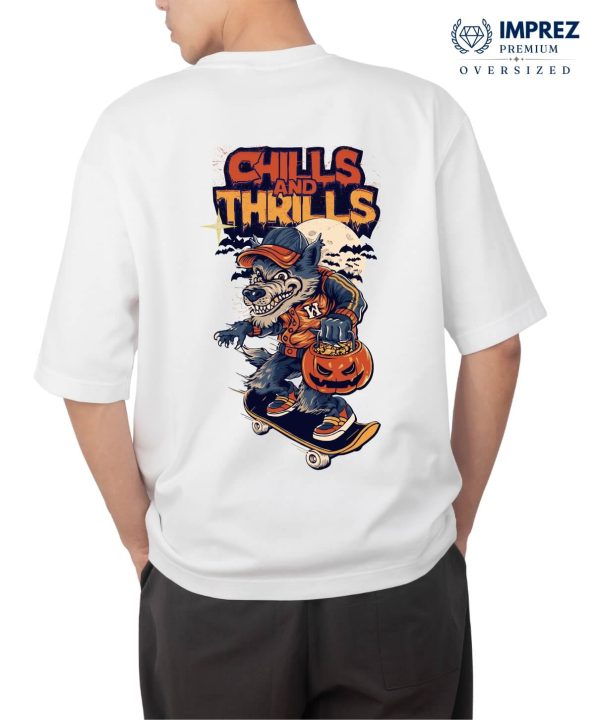 Chills and Thrills Men Oversized White Premium T-Shirt Back